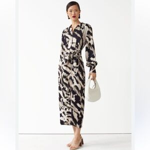 & Other Stories Black Cream Printed Shirt Long Sleeve Tie Midi Dress Size 6